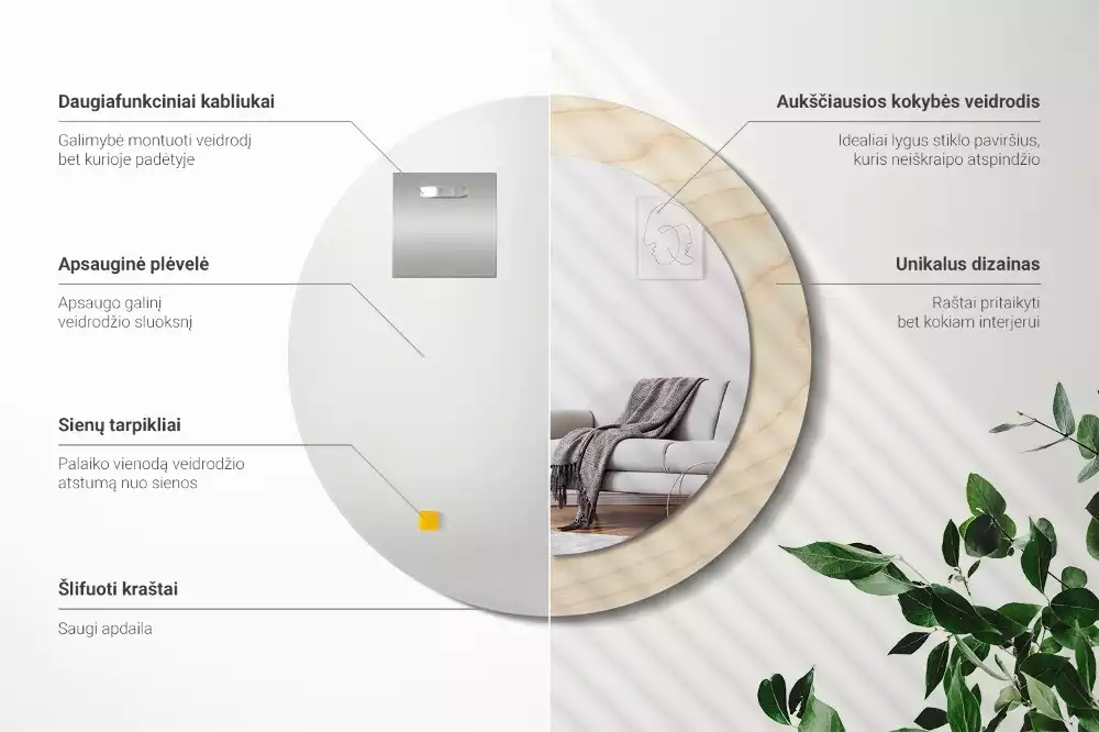 Miroir rond cadre avec impression Bois clair