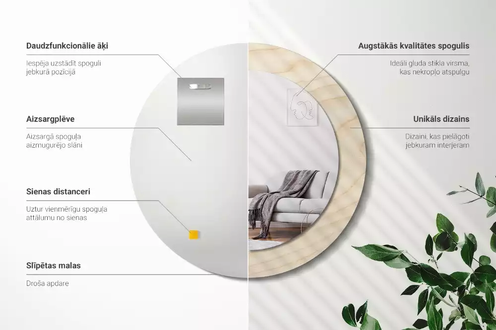 Miroir rond cadre avec impression Bois clair