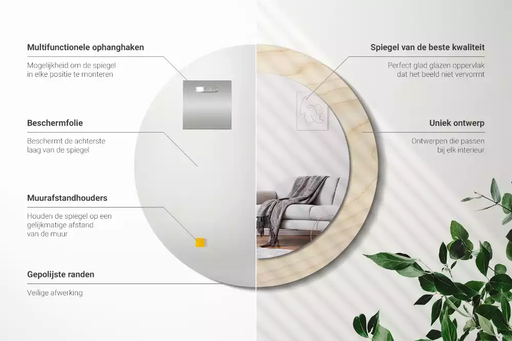 Miroir rond cadre avec impression Bois clair