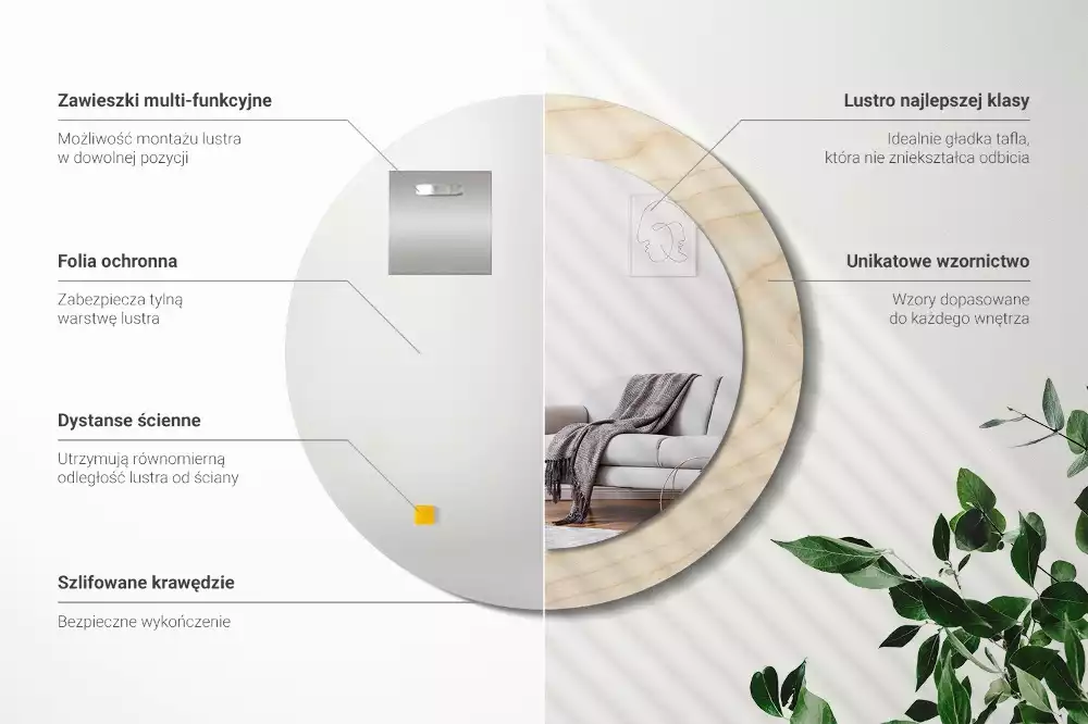 Miroir rond cadre avec impression Bois clair