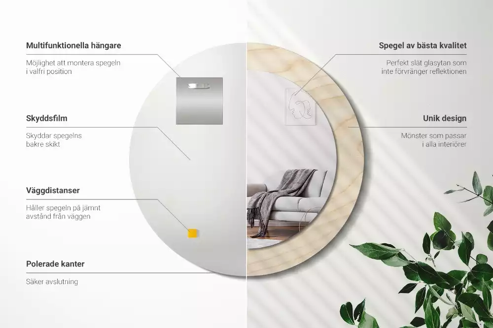 Miroir rond cadre avec impression Bois clair