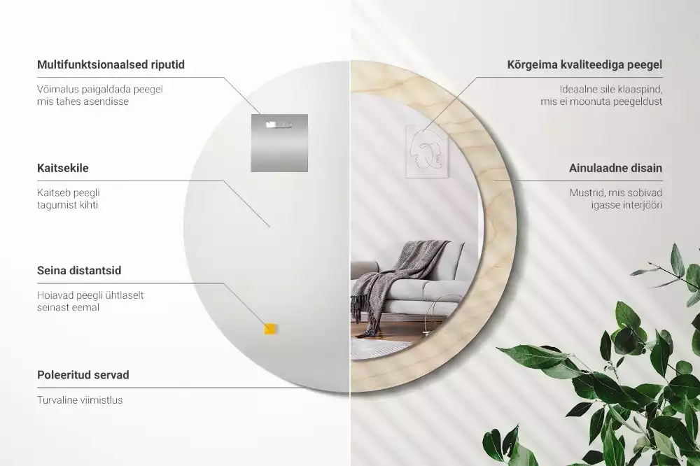 Miroir rond cadre avec impression Bois clair