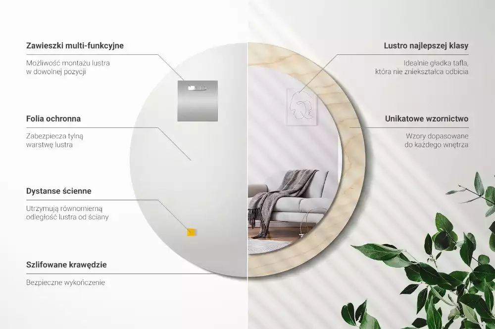 Miroir rond cadre avec impression Bois clair