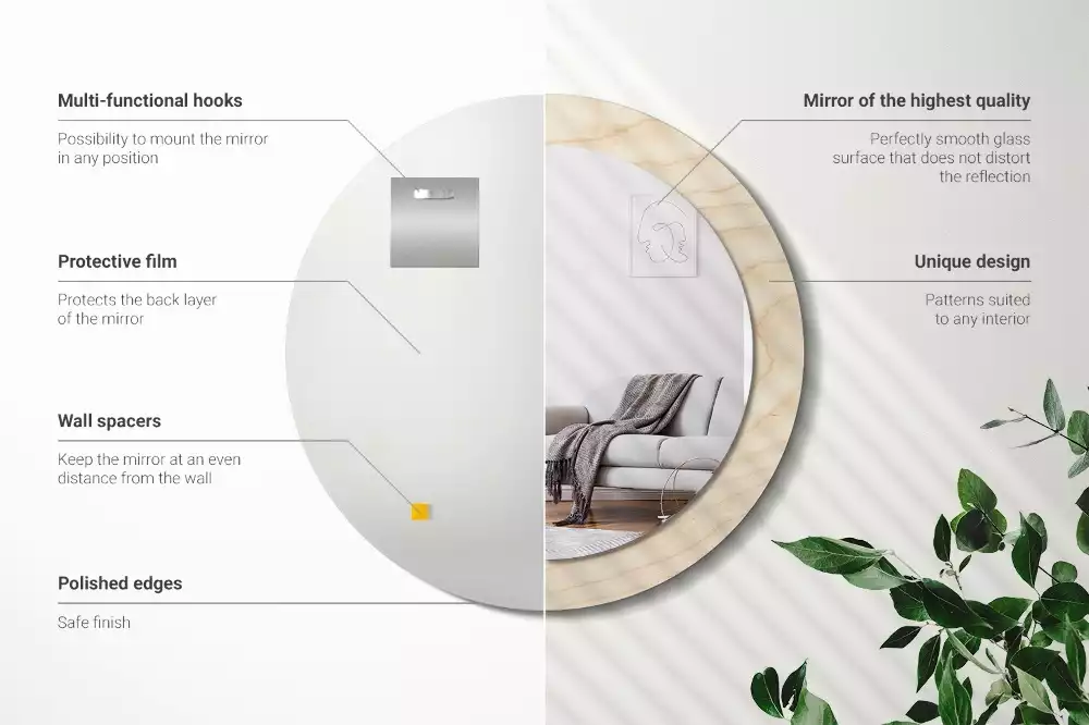 Miroir rond cadre avec impression Bois clair