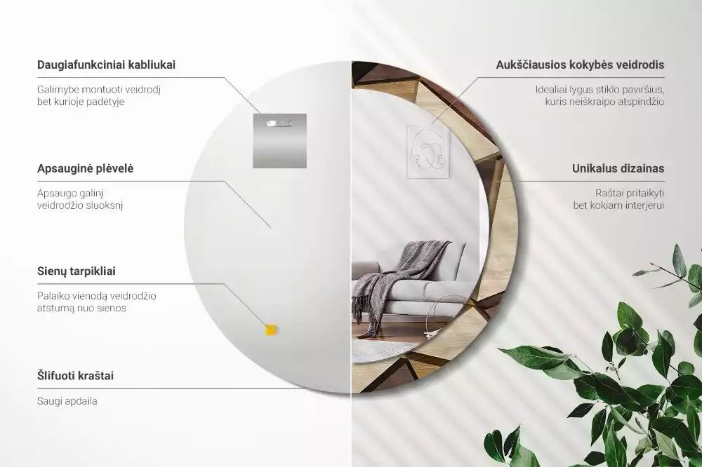 Miroir rond imprimé Bois géométrique 3D