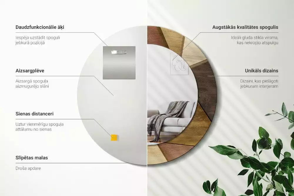 Miroir rond imprimé Bois géométrique 3D