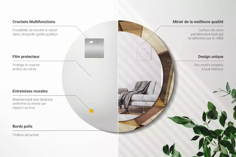 Miroir rond imprimé Bois géométrique 3D
