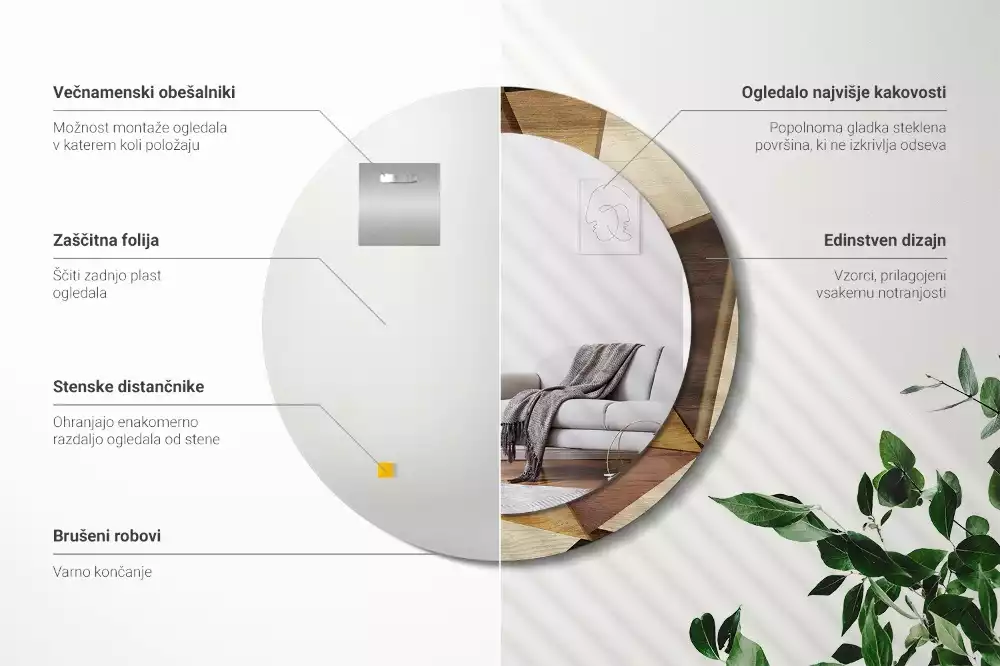 Miroir rond imprimé Bois géométrique 3D