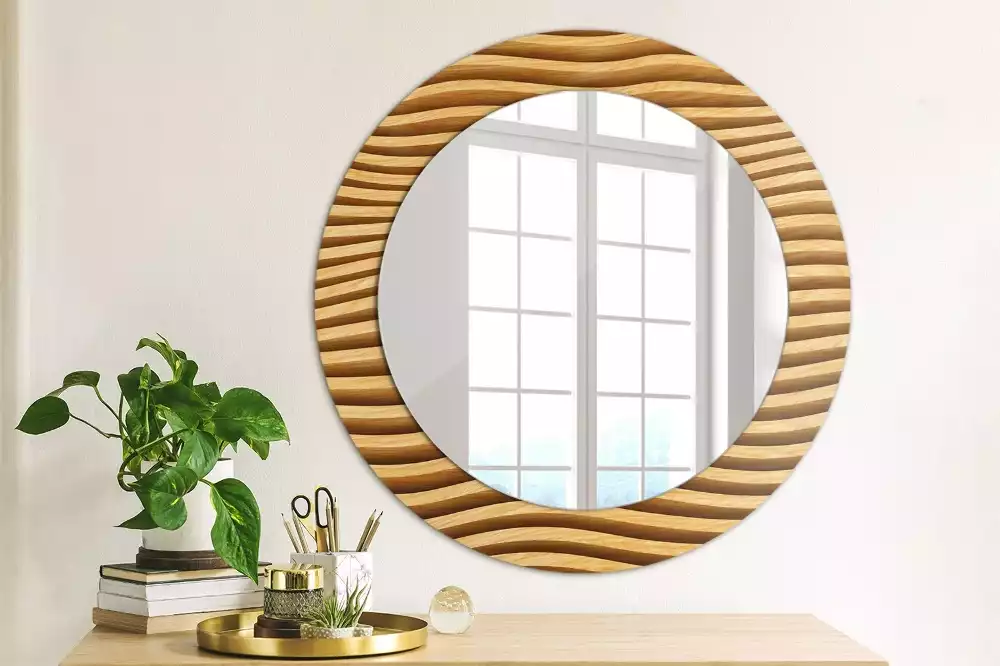 Miroir rond imprimé Vague en bois