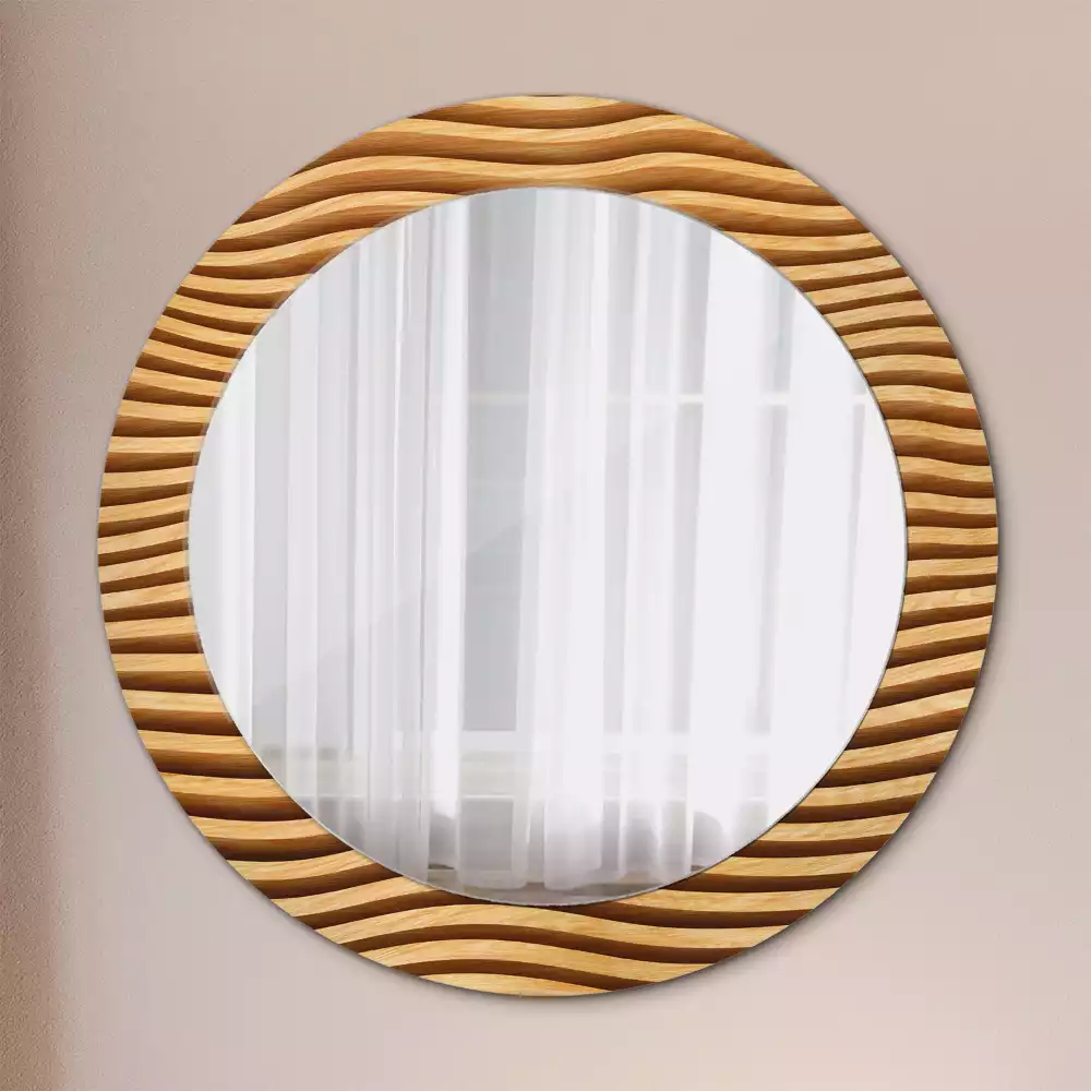 Miroir rond imprimé Vague en bois