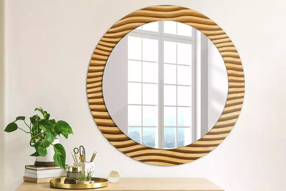 Miroir rond imprimé Vague en bois
