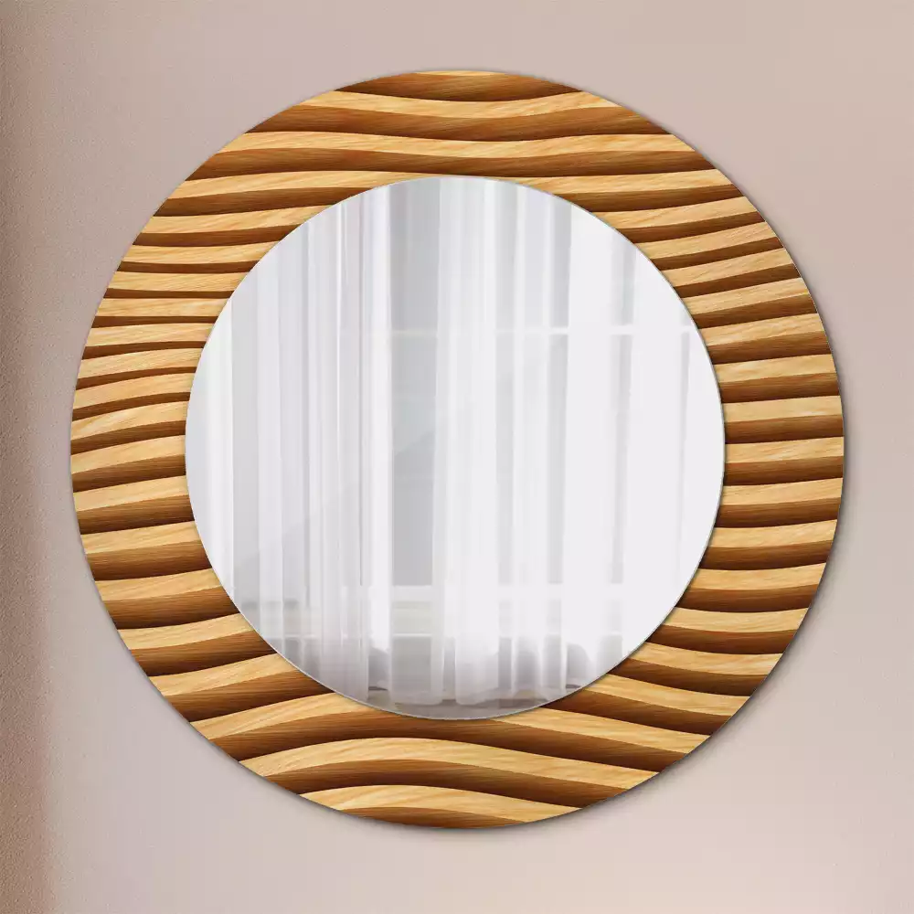 Miroir rond imprimé Vague en bois