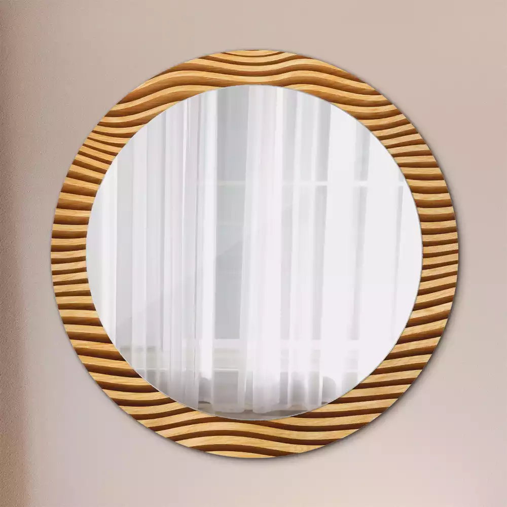 Miroir rond imprimé Vague en bois