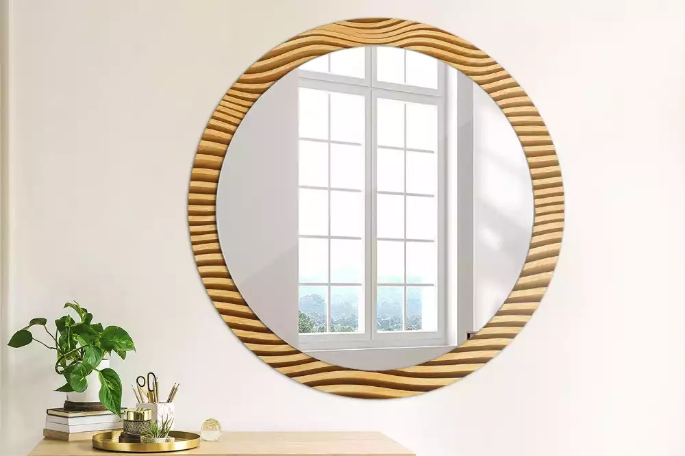 Miroir rond imprimé Vague en bois