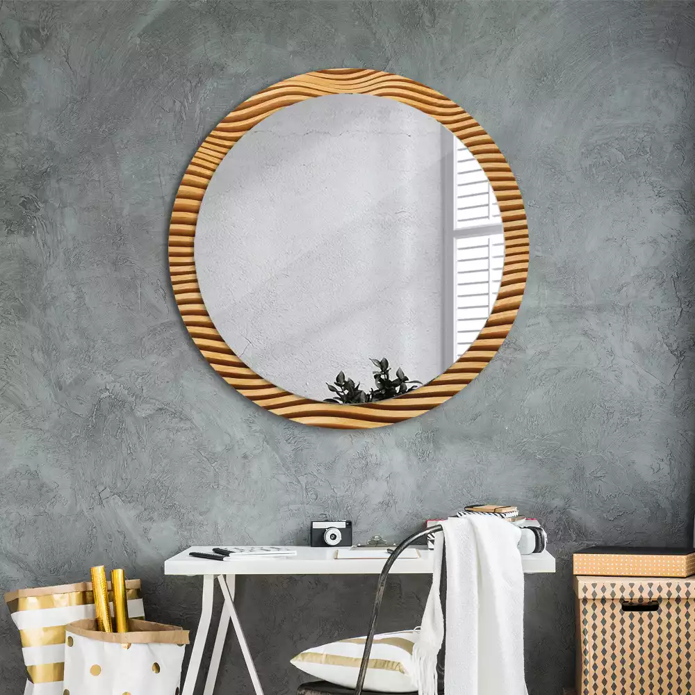 Miroir rond imprimé Vague en bois