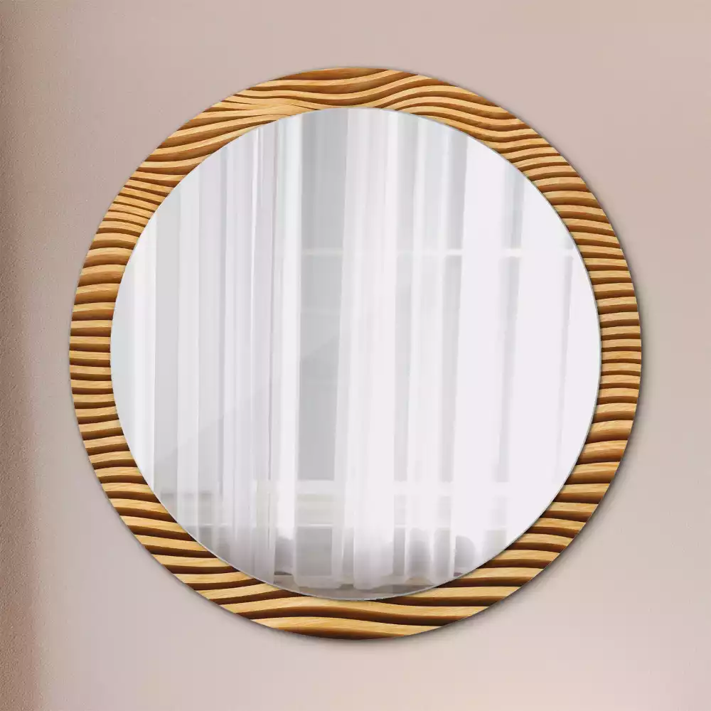 Miroir rond imprimé Vague en bois