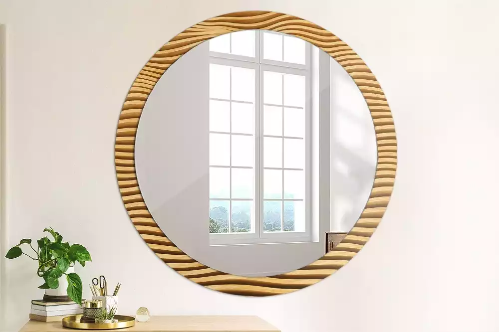 Miroir rond imprimé Vague en bois