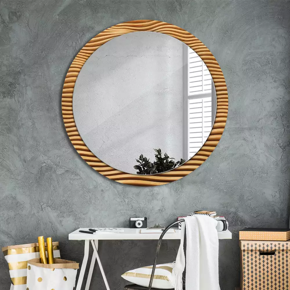 Miroir rond imprimé Vague en bois