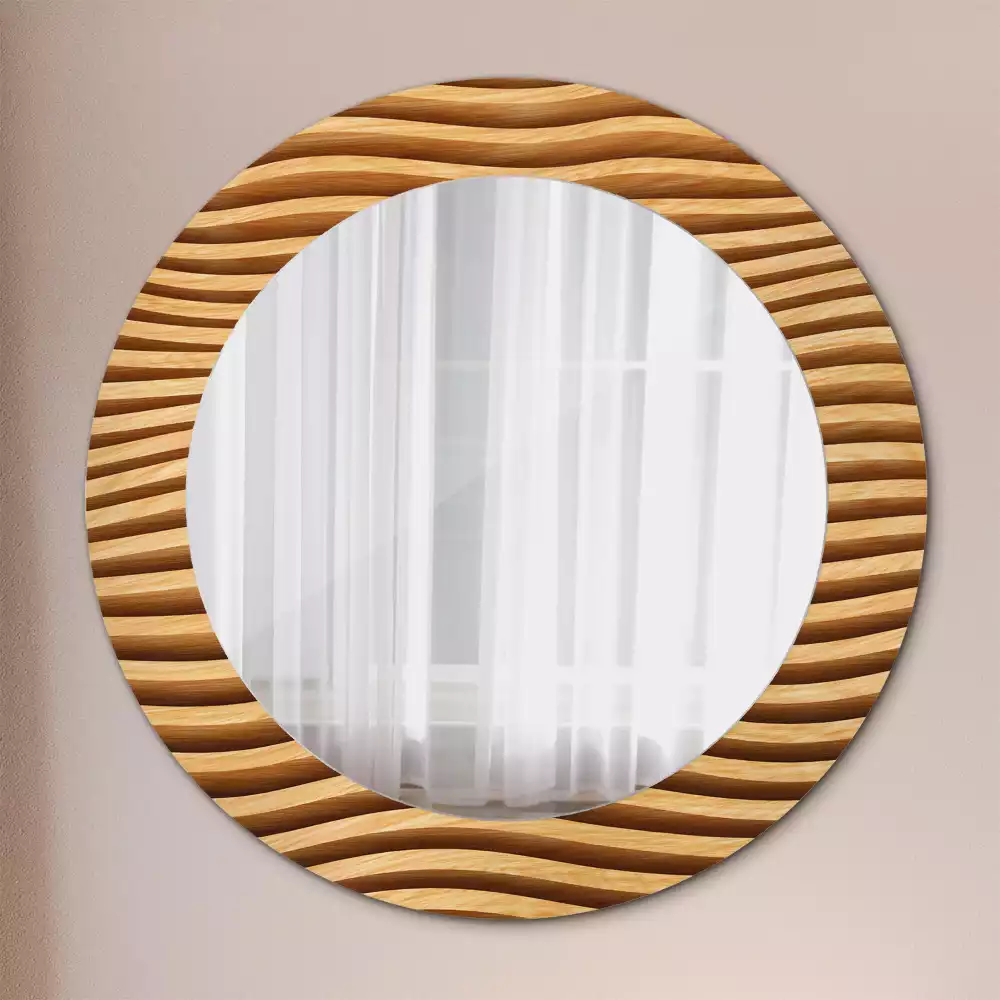 Miroir rond imprimé Vague en bois