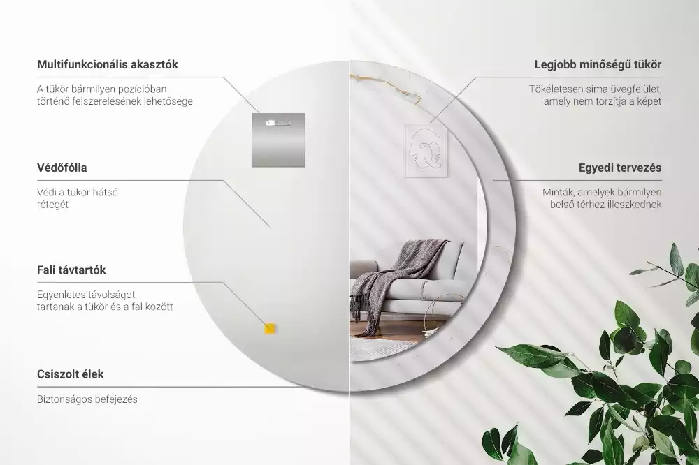 Miroir rond cadre avec impression Petit marbre blanc