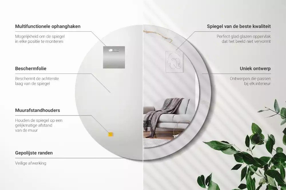 Miroir rond cadre avec impression Petit marbre blanc