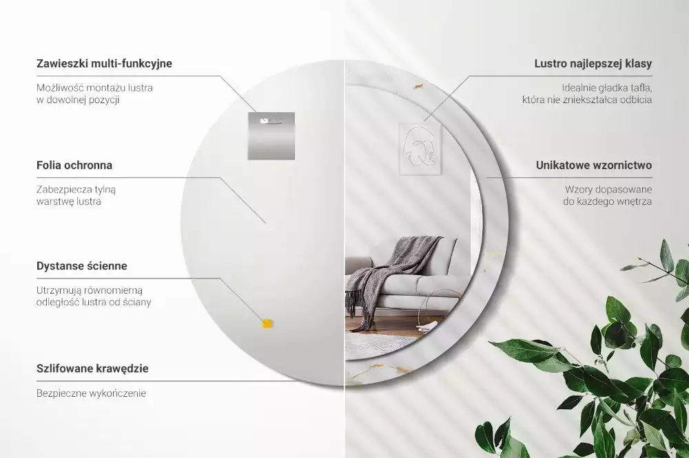 Miroir rond cadre avec impression Petit marbre blanc