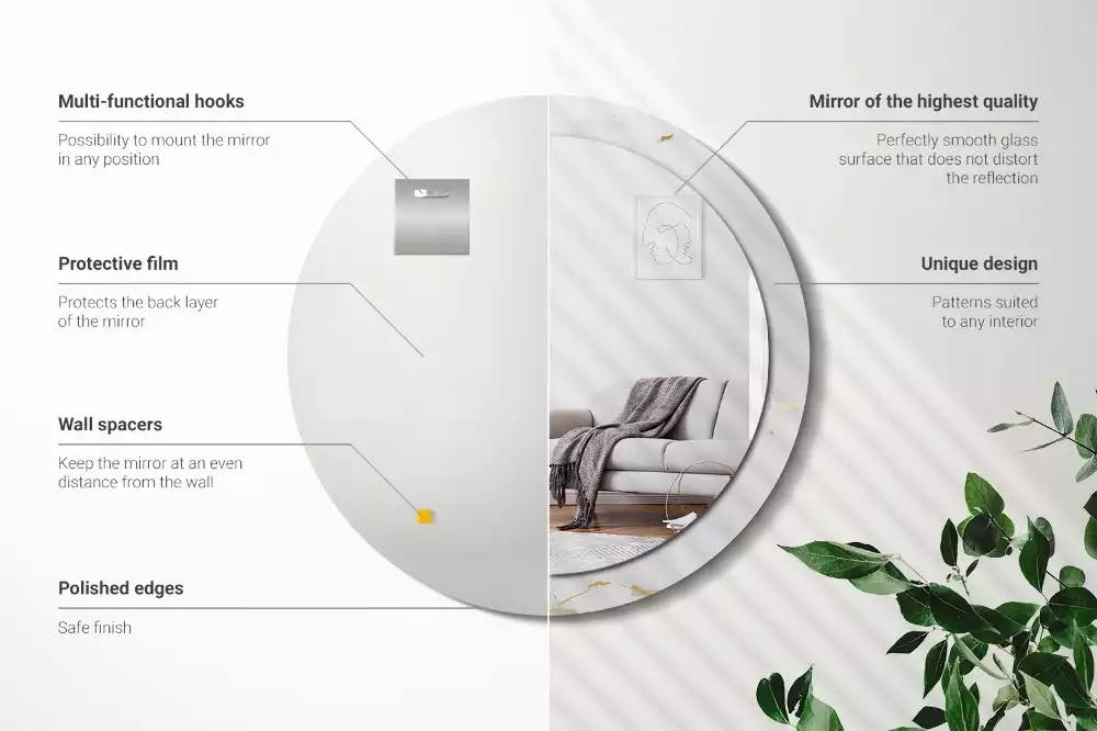 Miroir rond cadre avec impression Petit marbre blanc