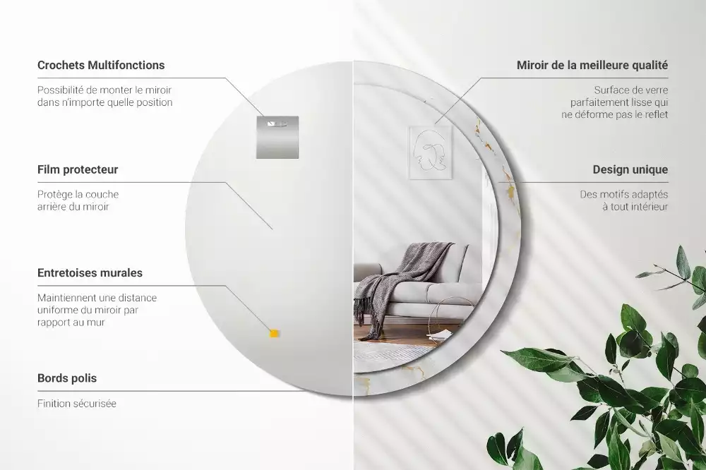 Miroir rond cadre avec impression Petit marbre blanc