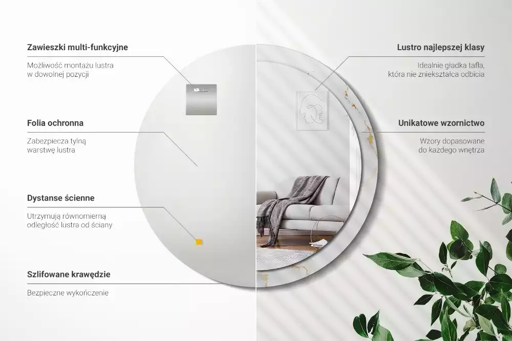 Miroir rond cadre avec impression Petit marbre blanc