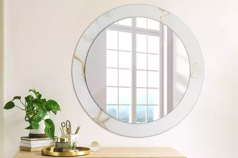 Miroir rond cadre avec impression Petit marbre blanc