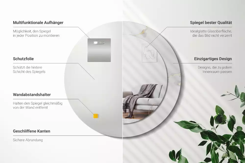 Miroir rond cadre avec impression Petit marbre blanc