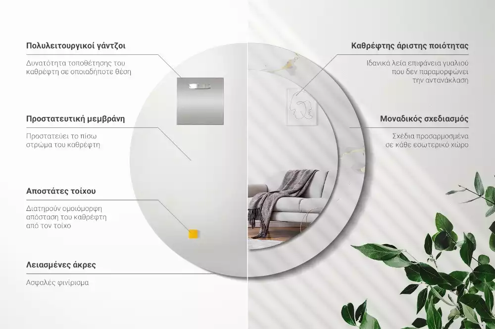 Miroir rond cadre avec impression Petit marbre blanc