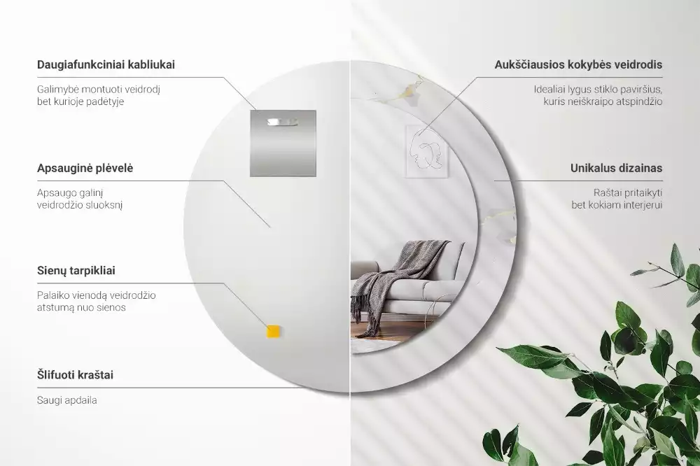 Miroir rond cadre avec impression Petit marbre blanc