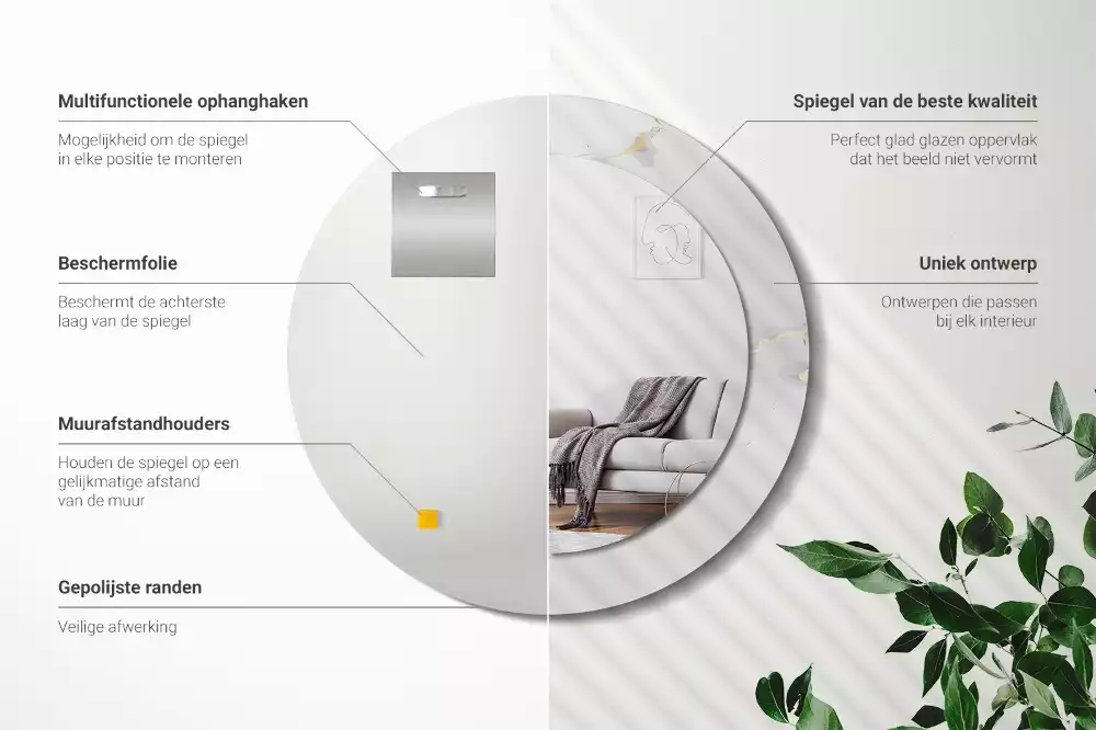 Miroir rond cadre avec impression Petit marbre blanc