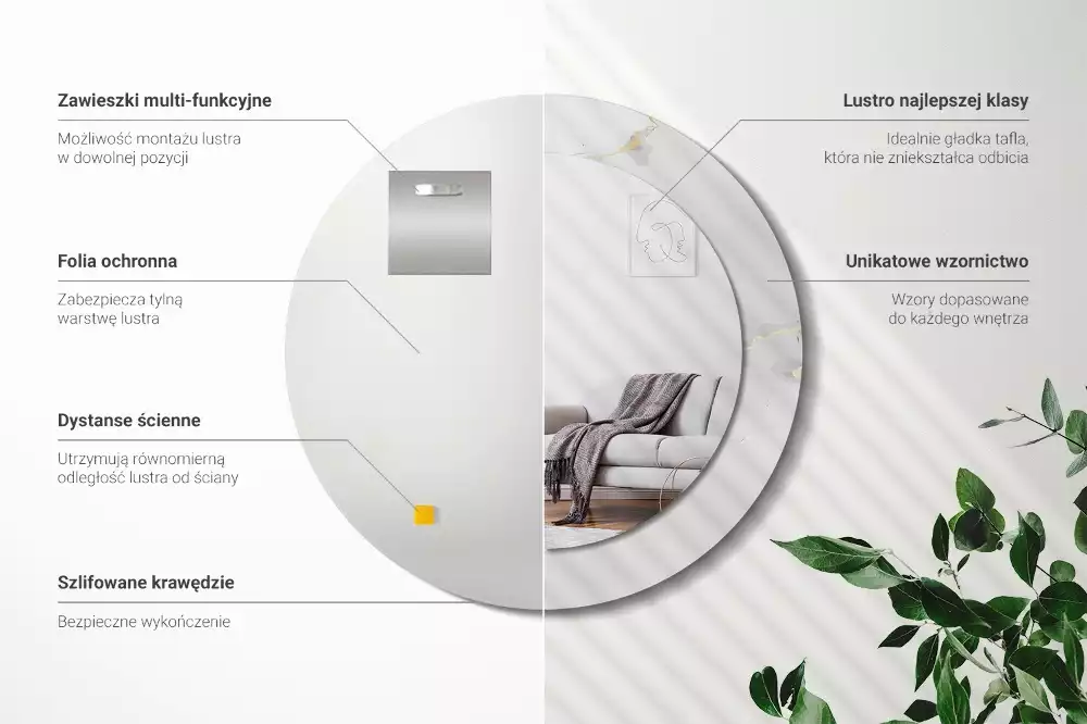 Miroir rond cadre avec impression Petit marbre blanc