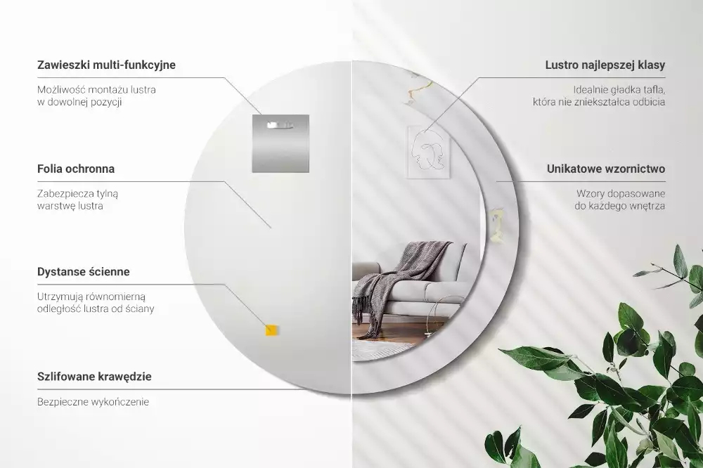 Miroir rond cadre avec impression Petit marbre blanc