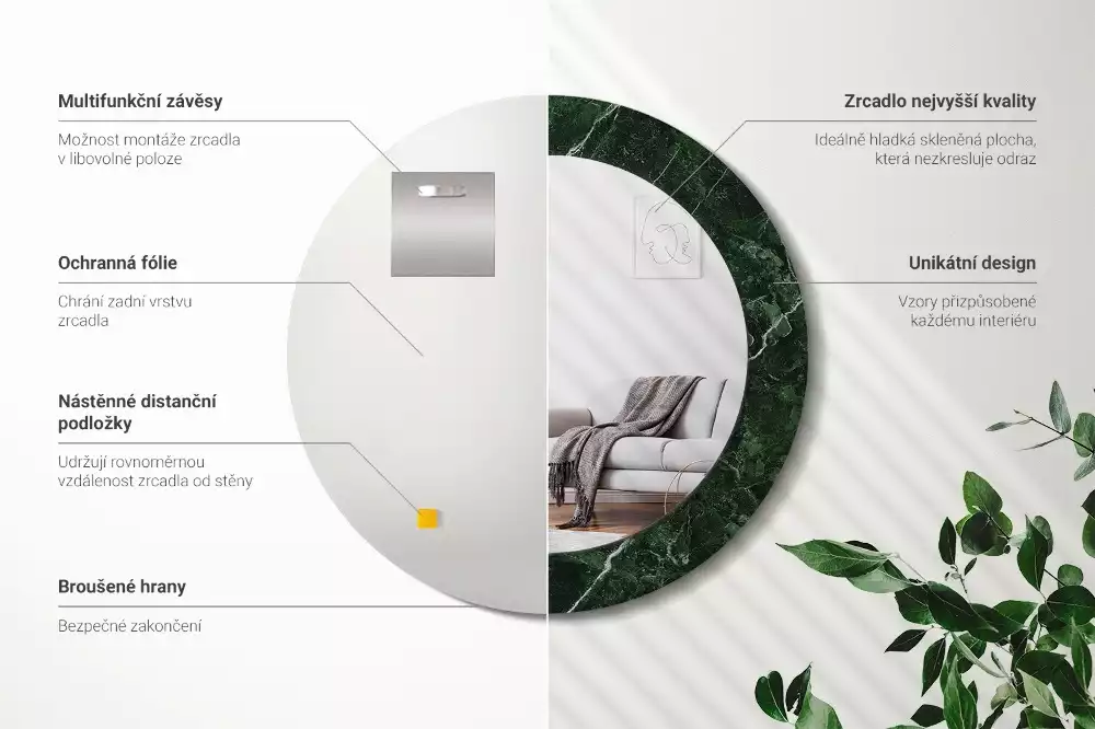 Miroir rond imprimé Marbre vert