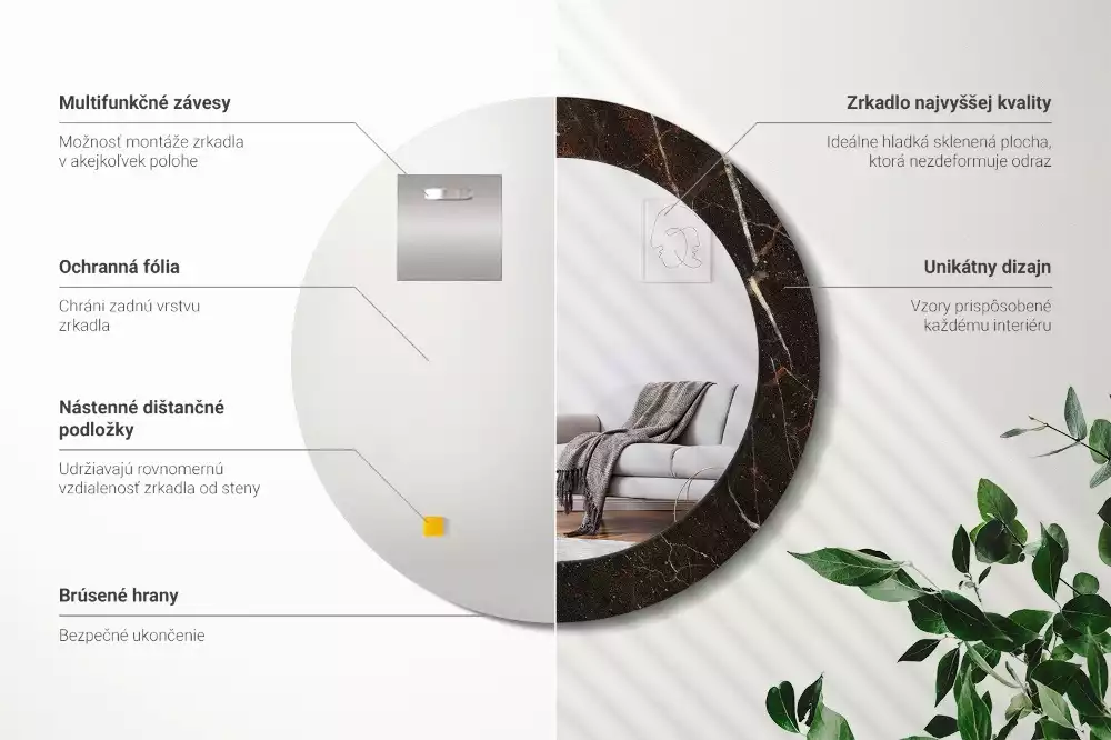 Miroir rond cadre avec impression Marbre brun