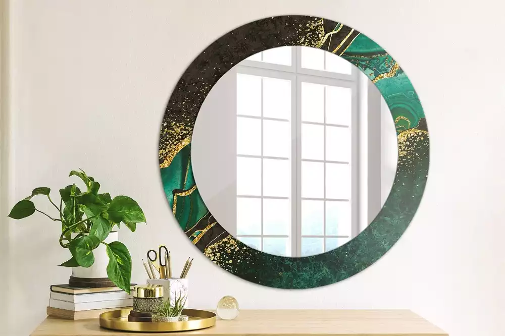 Miroir rond cadre avec impression Marbre vert