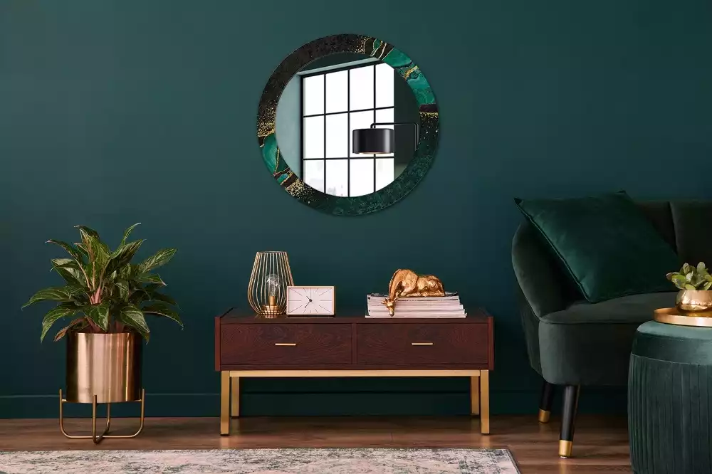 Miroir rond cadre avec impression Marbre vert