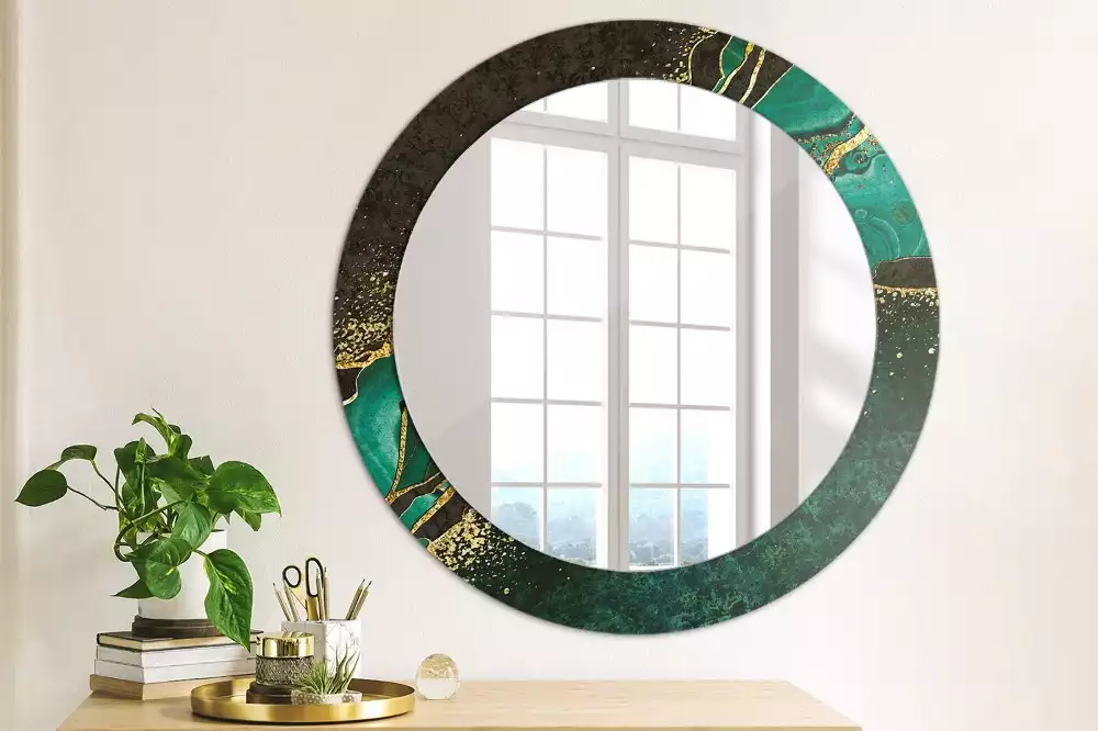Miroir rond cadre avec impression Marbre vert
