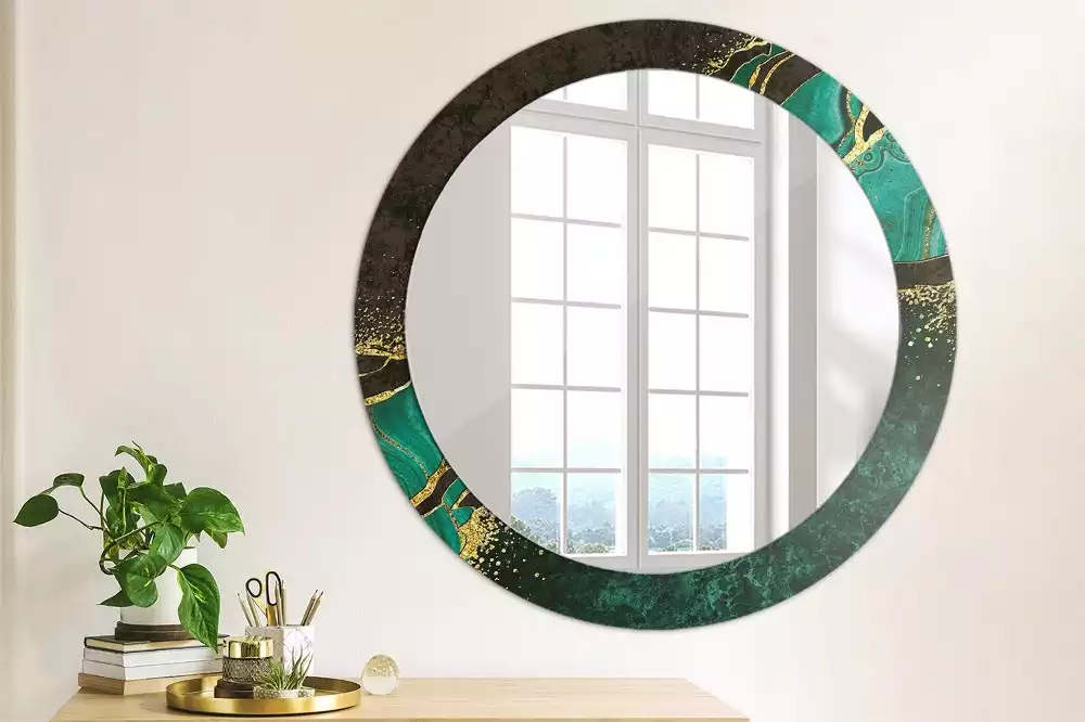 Miroir rond cadre avec impression Marbre vert