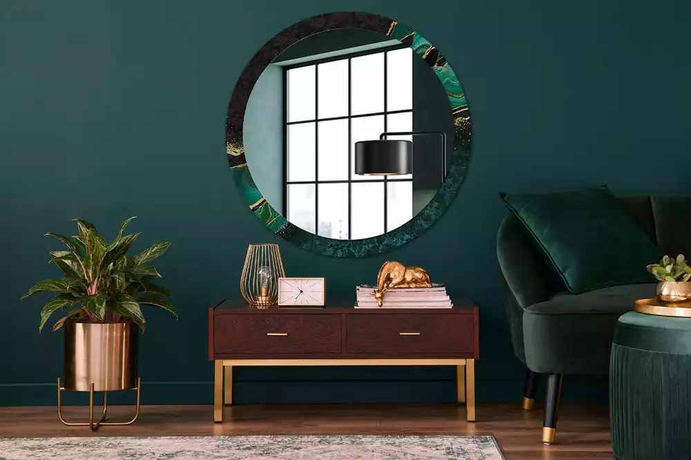 Miroir rond cadre avec impression Marbre vert