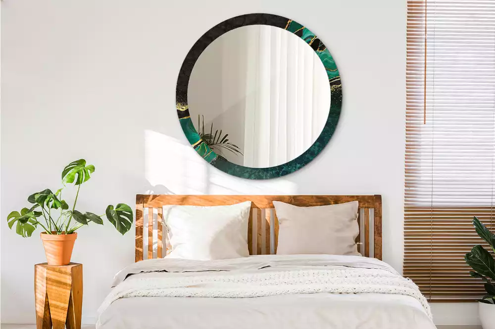 Miroir rond cadre avec impression Marbre vert