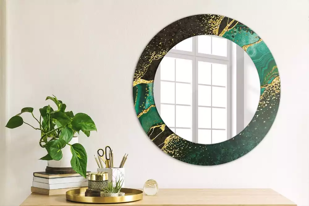 Miroir rond cadre avec impression Marbre vert
