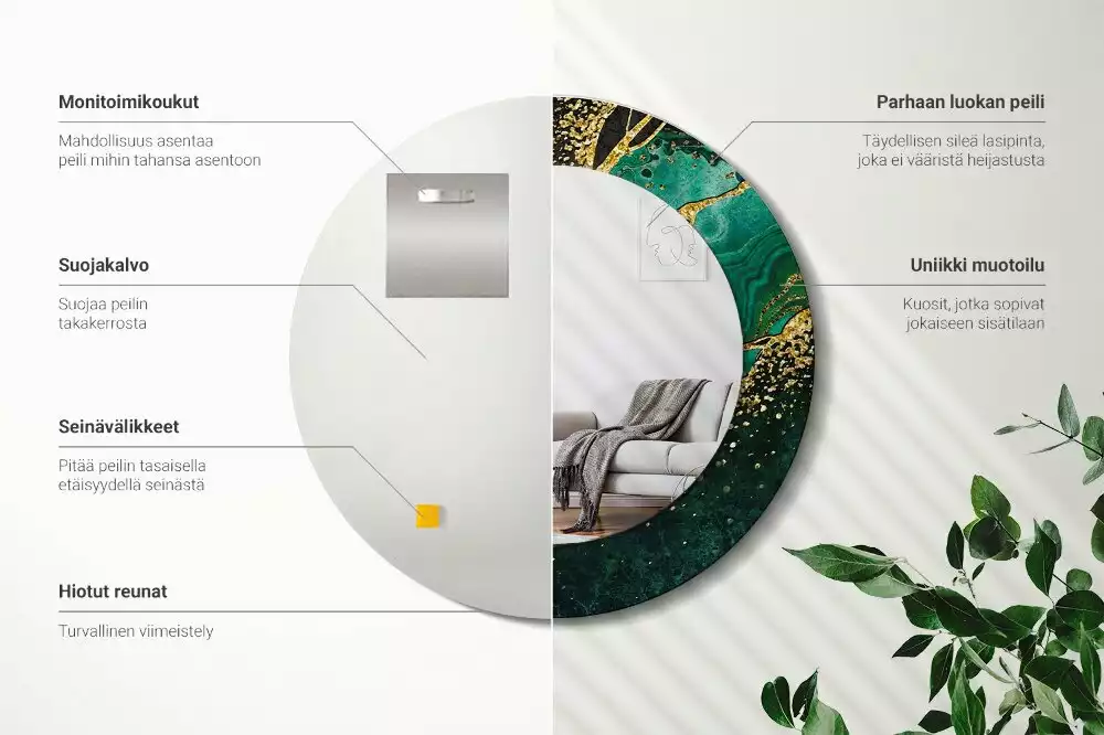 Miroir rond cadre avec impression Marbre vert