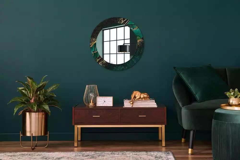 Miroir rond cadre avec impression Marbre vert