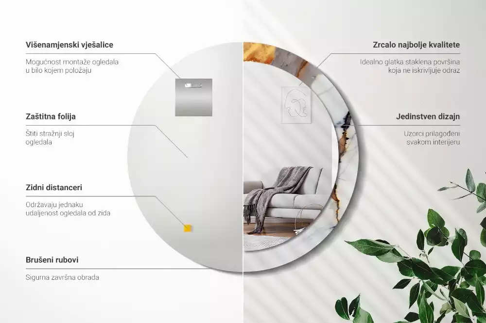 Miroir rond avec décoration Petit marbre blanc