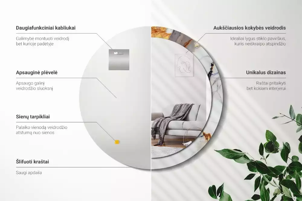 Miroir rond avec décoration Petit marbre blanc