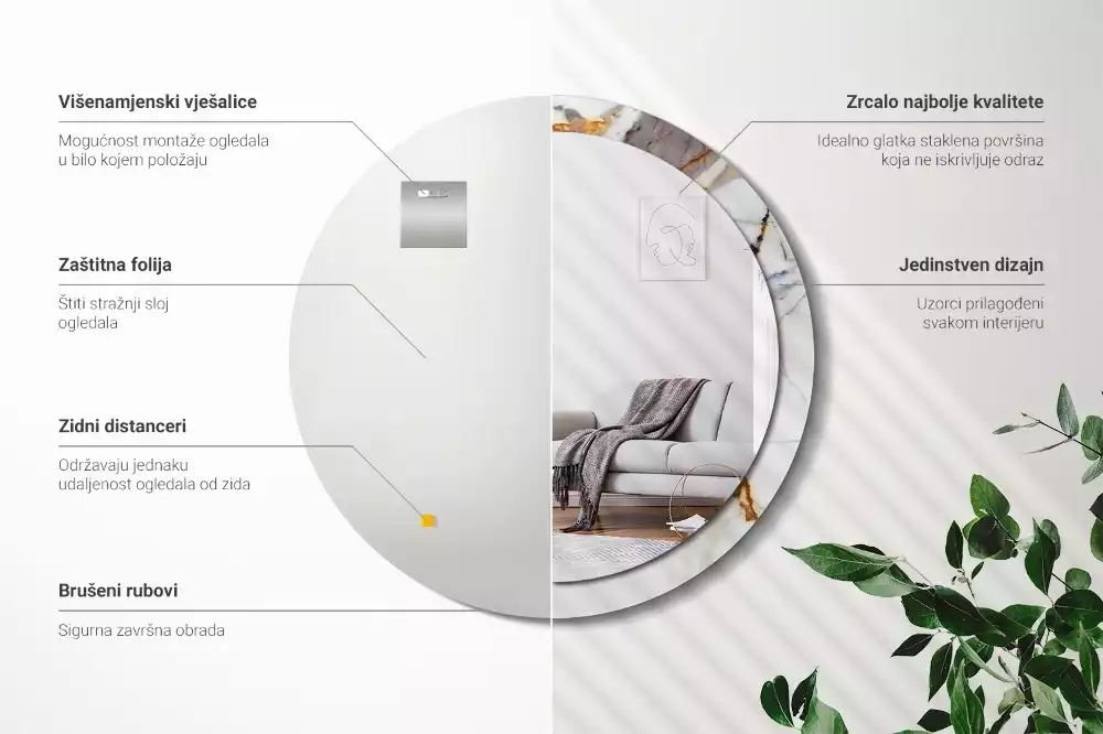 Miroir rond avec décoration Petit marbre blanc
